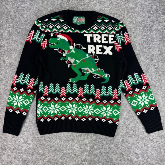Ugly Christmas Sweater Womens Tree Rex Dinosaur Lights Knit Pullover Size S - Picture 2 of 8